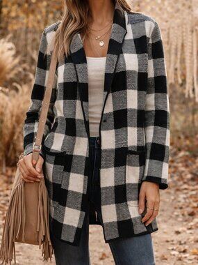 Talbots Buffalo Plaid Cardigan Black White Cozy Boho Open Sweater MP Transition